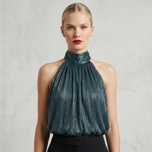 HALSTON "Lily" Silk-Blend Metallic Halter *NWT*